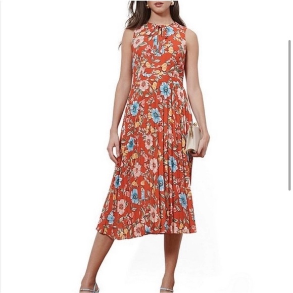Donna Morgan Red Floral Pleated Midi Dress | Modest & Feminine | Size 14 - Picture 1 of 10